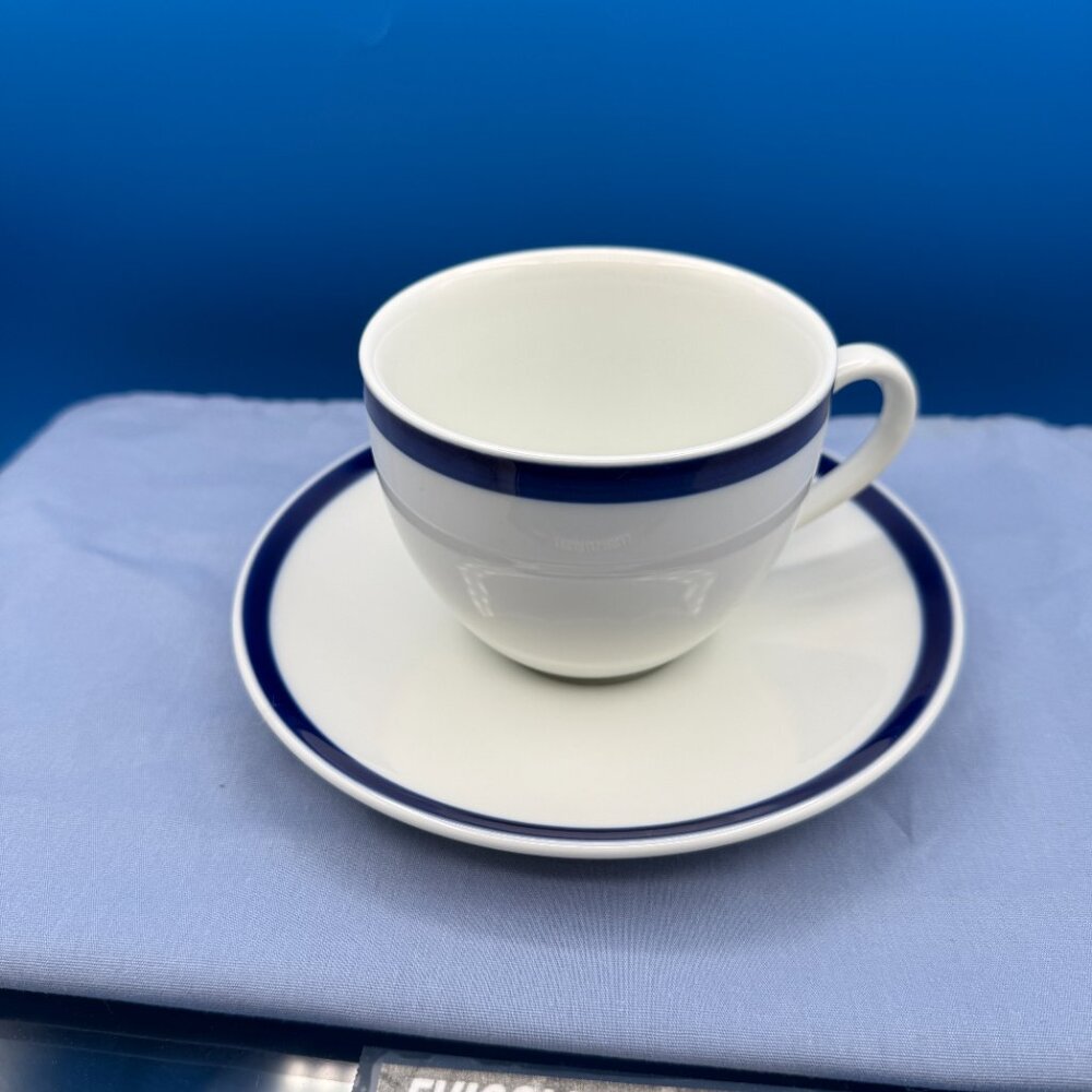 Williams Sonoma Brasserie Blue Stripe Porcelain Cup and Saucer Set of 3 - Picture 3 of 8